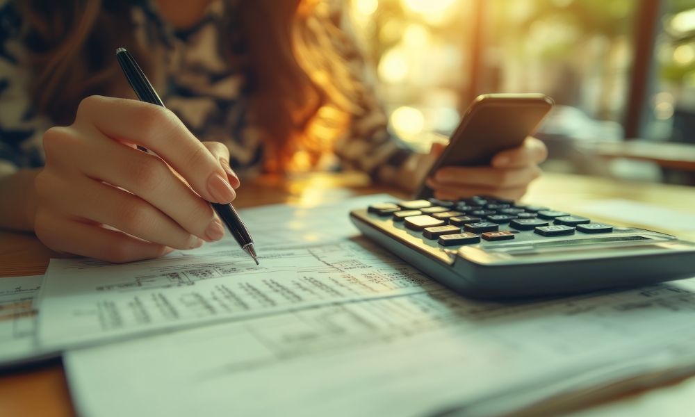Person doing financial calculations with pen, smartphone, and calculator on a sunlit desk.