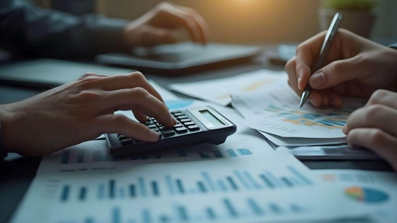 a group of people sitting around a table with a calculator