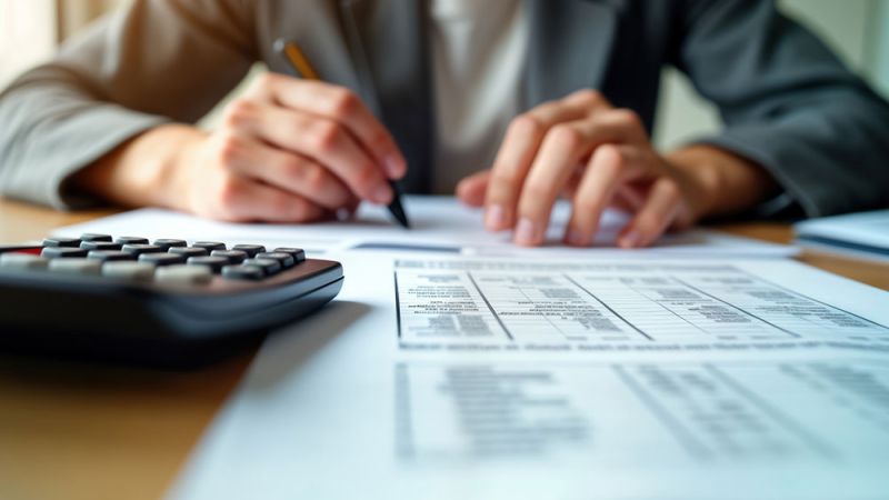 Person reviewing financial documents with a calculator on the desk, focused on analysis and budgeting.