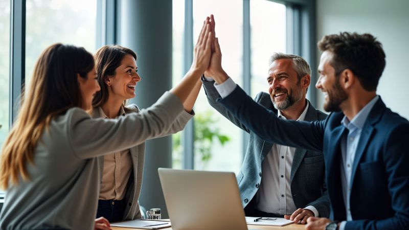 Business team high-fiving around a laptop, celebrating success in a bright office meeting.