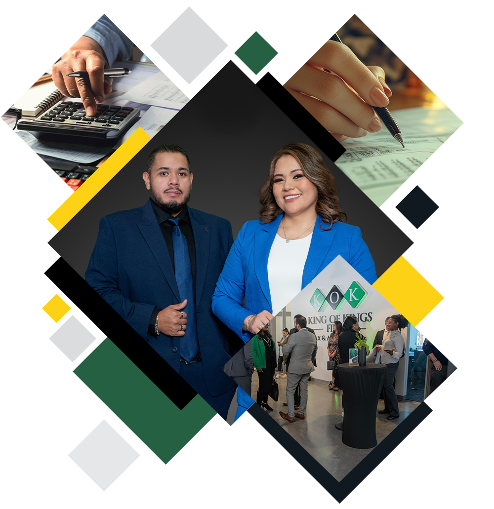 Business professionals networking and collaborating, featuring accounting and document signing tasks.