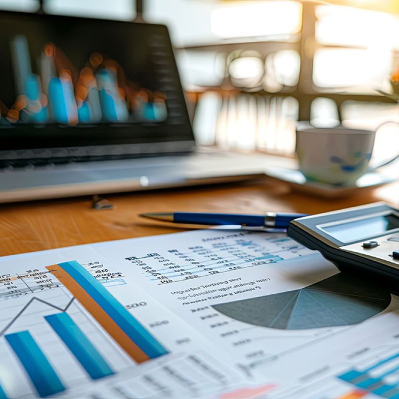 Office desk with financial charts, a laptop displaying data, calculator, and coffee cup, symbolizing business analysis.