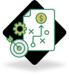 Icon depicting a strategic business plan with a dollar symbol, target, gear, and flowchart arrows.