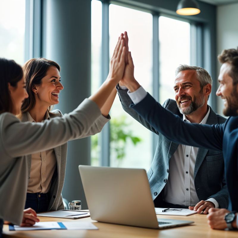 Business team high-fiving around a laptop, celebrating success in a bright office meeting.