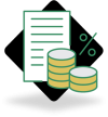 Illustration of coins, a document, and a percentage symbol, representing finance, money management, or tax calculation.