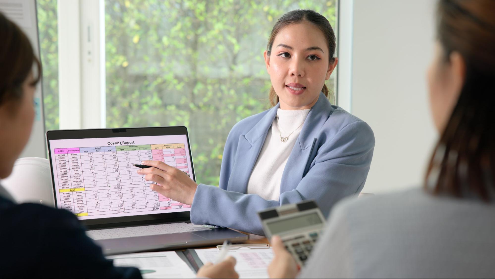 Businesswoman presents costing report on laptop during meeting.